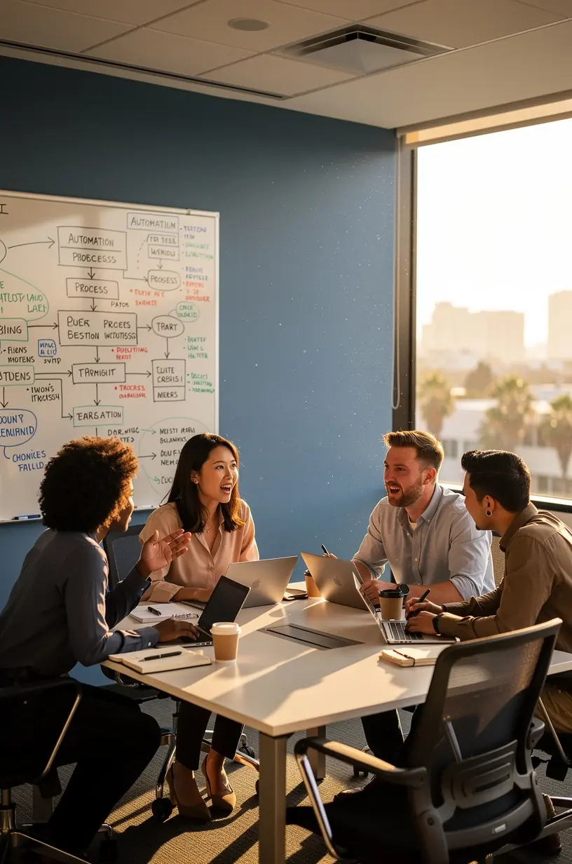 Team members collaborating with automated tools for efficiency.